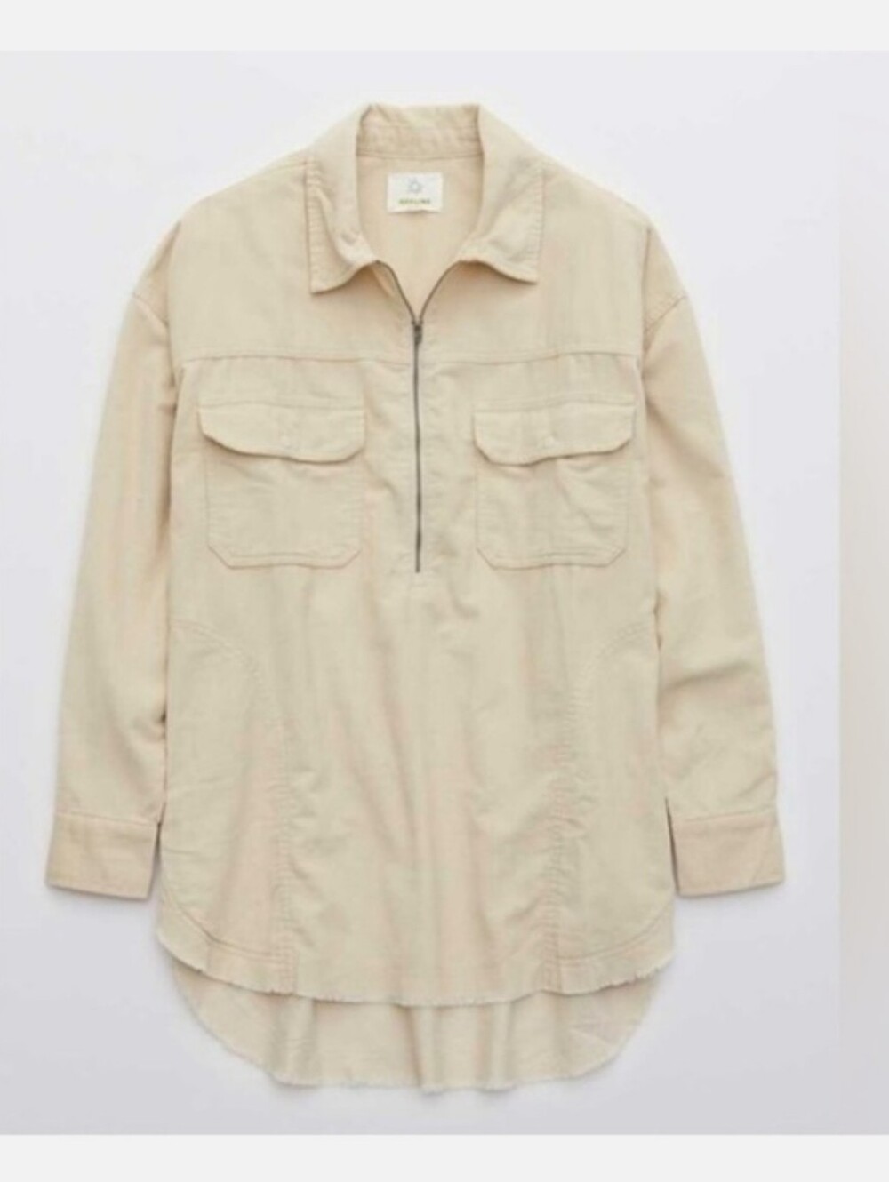 Aerie Corduroy Quarter Zip Shacket Ivory  Sweater Top Frayed Hem Cotton XS